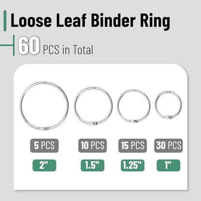 Mr. Pen- Loose Leaf Binder Ring, 60 Pack, 4 Sizes (1", 1.25", 1.5", 2") | Metal Loose Leaf Binder Book Rings for Books and Index Cards, Scrapbook, Keychains, School, Home, Office, Silver - color: Silver, size: 1", 1.25", 1.5", 2", 60 Pack