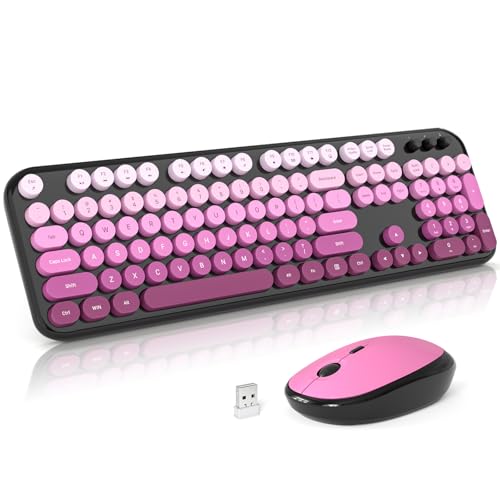 Wireless Keyboard and Mouse, SQMD Colorful Typewriter Retro Keyboard with Round Keycaps, 2.4GHz USB Full-Size Keyboard and Mouse Set for Mac PC Desktop Laptop - Black Pink - color: Lovely Black Pink