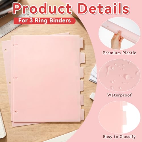 8 Tab Pink Binder Dividers, Plastic Binder Dividers for 3 Ring Binders, 8.3 x 11 Inch Index Divider for Binders, 3 Hole Punched Page Divider for Office School Notebooks - color: Pink