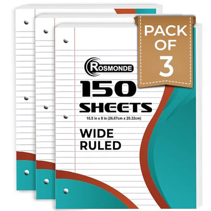 Rosmonde Loose Leaf Paper, 450 Sheets, 3 Pack, Wide Ruled Sheets, Combo, Spiral Notebooks, 12 Pack, 1 Subject Notebook, Wide Ruled, 70 Sheets, Assorted Colors, School, College & Office