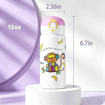 Kids Insulated Water Bottle with Straw & Direct Sip, BPA-Free Stainless Steel, Leak-Proof Cartoon Animal Design, Perfect for Toddlers at School or Outdoors (Purple,12oz) - color: Purple