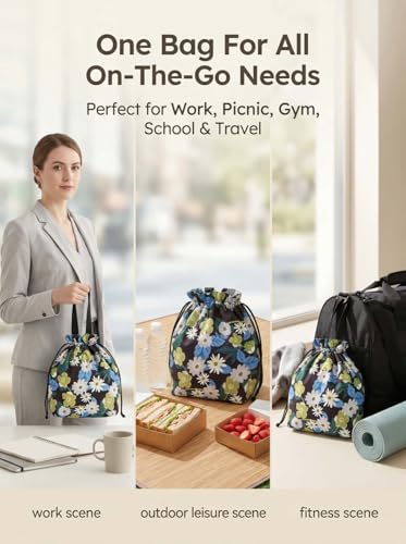Double-Handle Lunch Bag, Insulated Waterproof Reusable Tote for Women/Students, Fits 2 Bento Boxes + Water Bottle - Ideal for School/Office/Picnic(Daisy) - color: Daisy