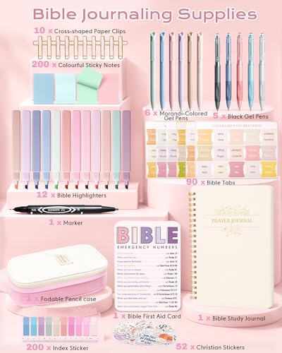 XKDOUS 60 Pcs Bible Study Supplies, Bible Study Kit for Women, Bible Journaling Supplies with Spiral Notebook Journal, Bible Tabs, Pen Case and More, Bible Highlighters and Pens No Bleed for Books - color: Pink