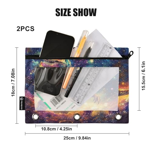 Galaxy T. Rex Binder Pouches 3 Ring for Boys Girls School Office College Supplies Anime Dinosaur Tyrannosaurus Dragon Pencil Pouches Case Bag with Clear Window and Zipper 2 Pack - color: T. Rex