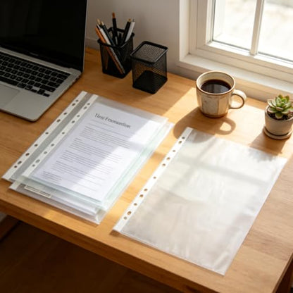 A4 Punched Pocket, 100 Pack Premium Clear Sheet Protectors 11.97 x 9.25in, 11-Hole Plastic Page Protectors Sheet Top Loaded, Paper Sheets Document Sleeve for 2/3/4 Ring Binder (Color:Transparent)