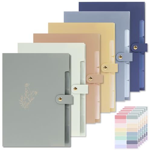 EOOUT 6pcs Expanding File Folders with 5 Pockets, Accordion Folders for Documents, A4 Letter Size Gold-Embossed Floral Plastic File Organizer with Snap Button for School and Office Supplies - color: Gold Stamping