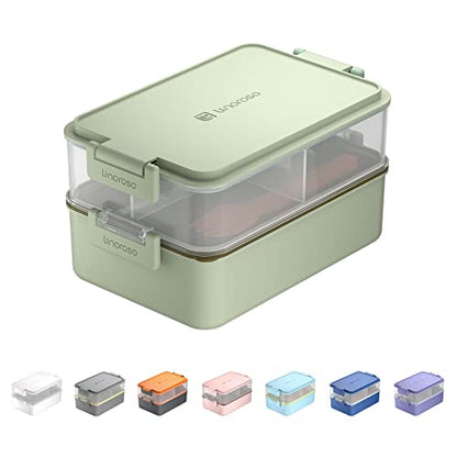 linoroso Stackable 2-Tier Adult Bento Box, 4 Compartments - Pale Mint | leakproof bento lunch box with fork & spoon + sauce cups, microwave/dishwasher safe, perfect for office, school & daily meals - color: Pale Mint