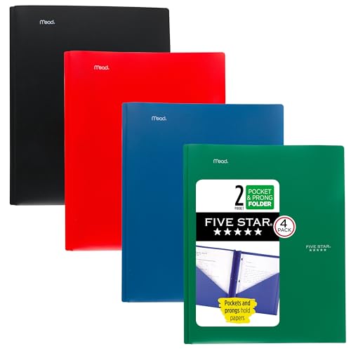 Five Star 2-Pocket Folder, 4 Pack, Plastic Folder with Prong Fasteners, Holds 8-1/2" x 11" Paper, Black, Fire Red, Forest Green, Pacific Blue (38140) - color: Assorted, size: 4 Pack