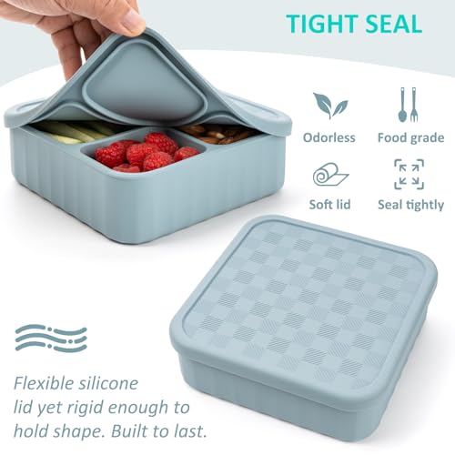 Silicone Bento Box Adult Lunch Container, 3 Compartment Container, Food Grade Silicone Bento Lunch Box for Work Travel Meal Prep, Leak-proof Food Storage Container（1 Pack Nile Blue） - color: Nile Blue | 32oz | 3-Compartment