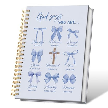 VONTP Bible Blue Bow Christian Notebook Journal for Women, 5.5 x 8.3 Inch | Christian Girl Energy Journal, Christian Study Notebook, Cute Preppy Bible Study Spiral Notebook for Bible Notes - color: 001-Blue