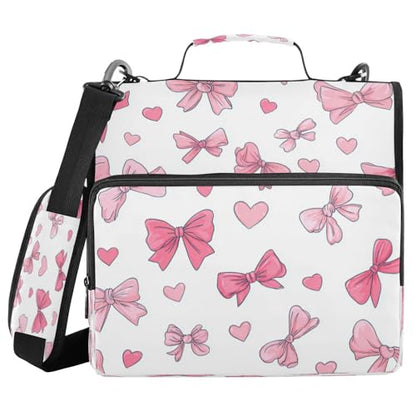Caikeny 3 Ring Zipper Binder Pink Bows Hearts White 1.5 inch Binders Bag Expanding File Pockets with Shoulder Strap and Handle - color: Multicolored 1z83.10