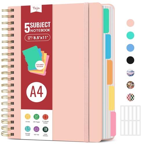 Hardcover Spiral Journal Notebooks for Work With Removable Dividers & Tabs, 8.5"x11" 5 Subject Notebook for Note Taking & Organizer, A4 College Ruled Lined Journal for Women & Writing, Pink, 280 Pages - color: A-Pink