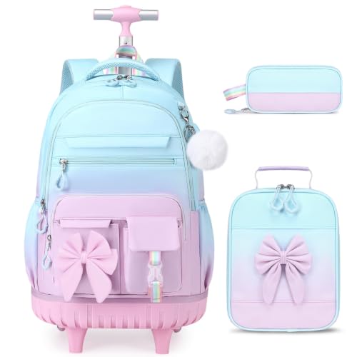 DIGOBAY Rolling Backpack for Girls, Cute Roller School Bag with Wheels, Kids Wheeled Backpacks Set with Lunch Bag Pencil Case for Teen Girls Kindergarten Elementary Middle School - color: Blue-purple