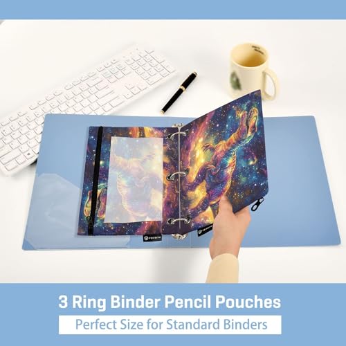 Galaxy T. Rex Binder Pouches 3 Ring for Boys Girls School Office College Supplies Anime Dinosaur Tyrannosaurus Dragon Pencil Pouches Case Bag with Clear Window and Zipper 2 Pack - color: T. Rex