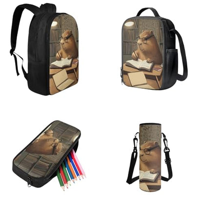 Cool Capybara Backpack with Lunch Box Kids Boys Back to School, Backpack for 2nd Grade Boys Back to School Back Pack Pencil Case and Water Bottle Holder 4 Piece Set for Kids Study - color: Capybara