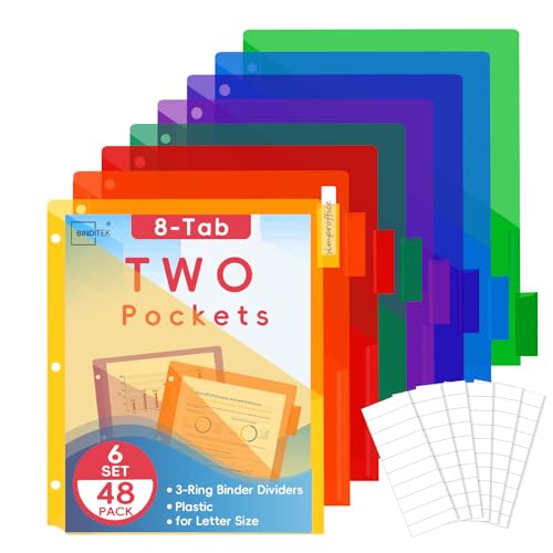 Binditek Plastic 8-Tab Binder Dividers with 2 Pockets, 6 Set 48 Pack, Pocket Dividers, for 3 Ring Binders, Letter Size, Includes Writable Labels, Assorted Colors - size: 6 Set