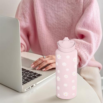 SANDJEST Daisy Water Bottle Stainless Steel 32oz Insulated with Lid, Flower Water Bottles Gifts for Women Girls Friends Teens Birthday Christmas - color: Daisy
