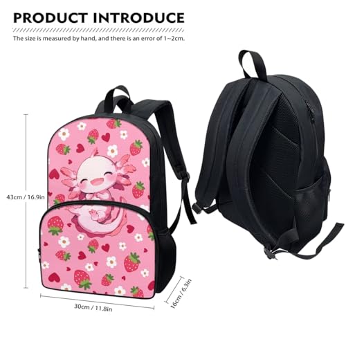 Horeset Axolotl Strawberry Backpack for School Girls Kids 3 Pack 17inch Schoolbag & Water Bottle Sling Bag & Picnic Lunch Bag Primary Elementary School Bookbag with Side Mesh Pocket - color: Axolotl Strawberry