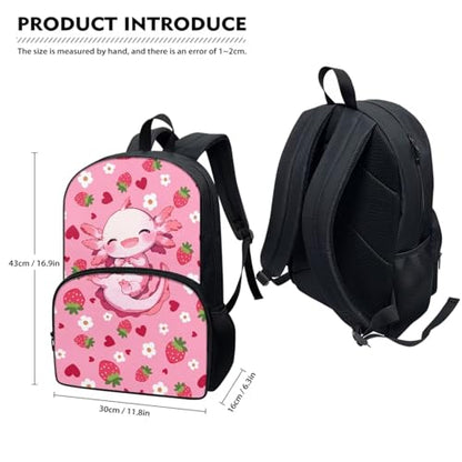 Horeset Axolotl Strawberry Backpack for School Girls Kids 3 Pack 17inch Schoolbag & Water Bottle Sling Bag & Picnic Lunch Bag Primary Elementary School Bookbag with Side Mesh Pocket - color: Axolotl Strawberry