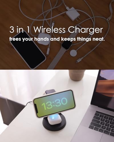 Wireless Charger Compatible with Mag-Safe,3 in 1 Charging Station for iPhone17/16/15/14/13/12 Series, Apple Watch,AirPods,15W Fast Charging (USB-C Adapter Included) - color: Black