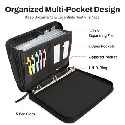 SUNEE Zipper Binder 1 Inch, Removable 3-Ring Binder, 175-Sheet Capacity, 5-Tab Dividers Expanding File Folder, Small Binder Bag Organizer Storage for Student School Classroom Supplies, Black - color: Black