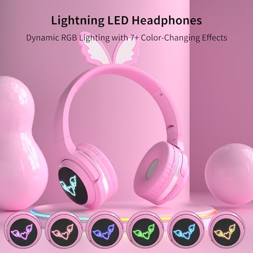 Kids Wireless Headphones with 7-Color RGB LED Lights, Long Playtime, Ultra-Soft Over-Ear for School Travel, Pink Butterfly Wings - color: Pink