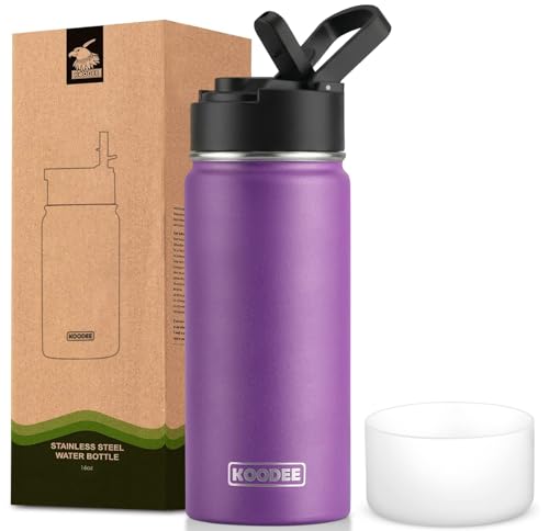 koodee Water Bottle 16 oz Stainless Steel Double Wall Vacuum Insulated Water Bottle for Kids School -Wide Mouth Sports Metal Water Flask for Girls(Purple) - color: purple-A, size: 16 Ounces