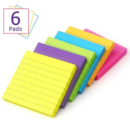 6 Pads Lined Sticky Notes 3x3 Sticky Notes with Lines Self-Stick Note Pads 6 Bright Multi Colors,100 Sheet/Pad - color: 3x3 6 Pads