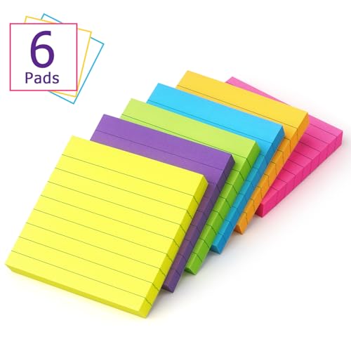 Lined Sticky Notes 3x3 in, 6 Bright Multi Colors,100 Sheet/Pad | Self-Stick & Removable, Office/School/Home Use - color: 3x3 6 Pads
