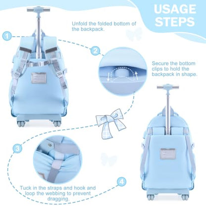 Bevalsa Rolling Backpack for Girls, Roller Backpack with Wheels, Cute Bow Wheeled School Bookbag Set with Lunch Bag & Pen Case, Suitcases for Kids Teens Elementary Middle Student (Blue Beige) - color: Blue Beige