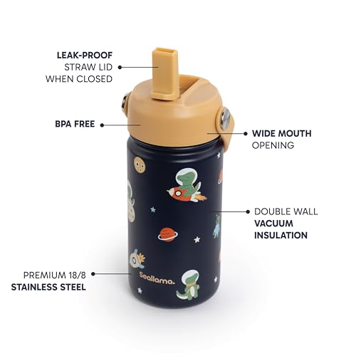 Seallama. Kids Water Bottle -14 oz Stainless Steel Tumbler with Straw Lid, Vacuum Insulated Double Wall Travel Cup, Leak-Proof Reusable Drink Bottle for School & Everyday Hydration - color: Cosmo Croc