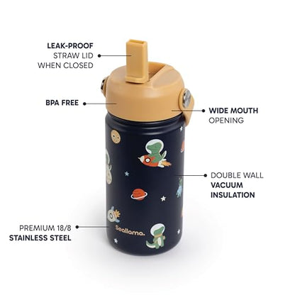 Seallama. Kids Water Bottle -14 oz Stainless Steel Tumbler with Straw Lid, Vacuum Insulated Double Wall Travel Cup, Leak-Proof Reusable Drink Bottle for School & Everyday Hydration - color: Cosmo Croc