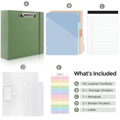 SKYDUE 3 Ring Binder 3 Inch D Ringr with Clipboard, PU Heavy Duty Clipboard Binder with Notepad & 5 Dividers with 5 Pockets, Labels, Clipboard Folder Great for School Office - color: Olivegreen, size: Letter Size - 3 Inch