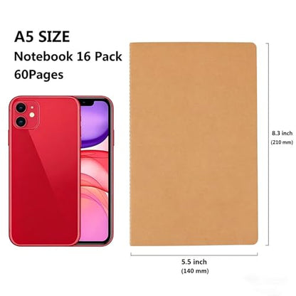 Wotion Lined Notebook 16 Pack, A5 Journals to Write in for Travel, 60 Pages/30 Sheets, 8.3" x 5.5", Thick Paper Notebooks for Students Office Women Men, Travel Journal Diary Planner Set - style: 16pack Lined page