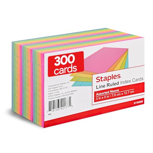 Staples Index Cards, 3" x 5", Lined, Neon Assorted Colors, 300 Pack – Bright Ruled Cards for Studying, Notes & Projects - size: 300 Pack, style: Assorted Color