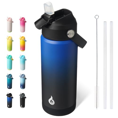 BJPKPK Insulated Water Bottle with Straw Lid, 18oz Thermo Water Bottles, Flex Handle & Non-slip Boot, BPA Free Leak Proof Stainless Steel Metal Thermo, Tumblers, Cups,Black Blue - color: Black Blue, size: 18 Ounces