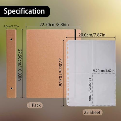 PABCK 100 Pockets Kraft Paper Binder Sheet for Seeds Envelope Photo Sleeves | Garden Seed Packets Organize Book 4 Side Loading (Slot Size 3.62x5.19 inch) Plastic Clear 25 Sheet Album Card Photo Protector