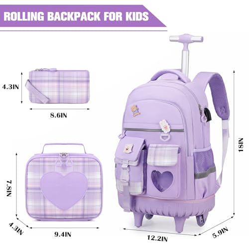 ACESAK Rolling Backpack for Girls - Roller Wheels School Bookbag with Lunch Bag & Pencil Pouch for Teen Girls Kids Wheeled Suitcase Backpacks, Elementary Middle School Travel Daypack (Purple) - color: Purple