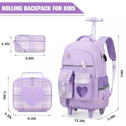 ACESAK Rolling Backpack for Girls - Roller Wheels School Bookbag with Lunch Bag & Pencil Pouch for Teen Girls Kids Wheeled Suitcase Backpacks, Elementary Middle School Travel Daypack (Purple) - color: Purple