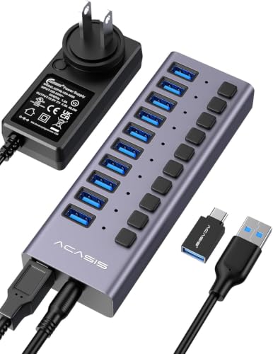 Powered USB 3.2 Hub, ACASIS 10 Ports USB 3.2 Hub with 10Gbps Data Speed, Aluminum Housing, USB Hub Powered with 48W Power Adapter, USB Hub for PC/Laptop, Computer, Flash Drive, Printer, Camera - size: 10 ports