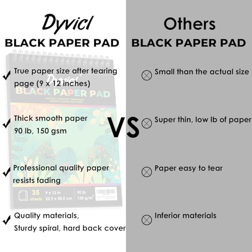 Dyvicl Black Paper Sketchbook 9"x12", 90 lb/150 GSM, 35 Sheets, Spiral Black Sketch Pad Drawing Paper for Pencil, Pastel, White Ink Gel Pen, Charcoal, Chalk, Metallic Marker, Paint Pen - size: 9 x 12 inches