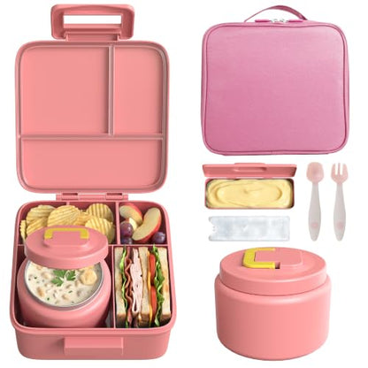 MAISON HUIS Bento Lunch Box with 8oz Soup Thermo, 5-Compartment Leak-Proof Container, Thermo Hot Food Jar and Insulated Lunch Bag, BPA Free,Travel, School (Pink) - color: Pink1