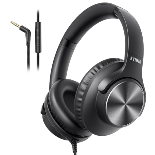 KVIDIO Wired Headphones with Mic, Volume & Playback Control, Over-Ear Foldable Headphones, 3.5mm Plug, 90° Swivel Ear Cups, 4.9ft Tangle-Free Cord for Tablet, Laptop, PC, School, Travel (Black) - color: Black