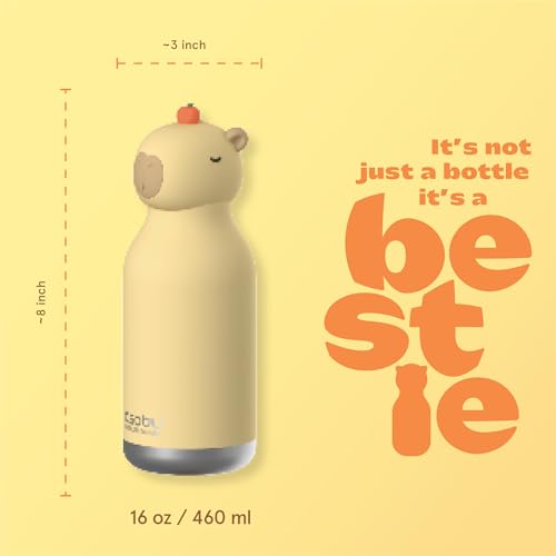 asobu Bestie Bottle Limited Edition Collectible Kids Water Bottle with Animal Character Lid 16oz (460ml) Insulated Stainless Steel, Leakproof, Reusable with Straw Fun Gift for Girls & Boys - color: MOCHI THE CAPYBARA