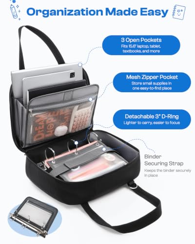 Puffer Zipper Binder 3 Ring with Pencil Pouch, 3" D-ring Binder with Zipper and Shoulder Strap, 600+ Sheets Capacity Zip Up Binder with 15.6" Laptop Pocket, Binder Bag for School College Office, Black - color: Black