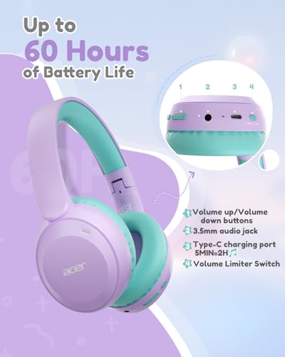 Acer Kids Bluetooth Headphones, 85/94dB Volume Limited, 60H Playtime, Bluetooth 6.0, Lightweight Over-Ear Wireless Headphones for Kids, Toddler Headphones with Built-in Mic, Purple-Green - color: Purple Green
