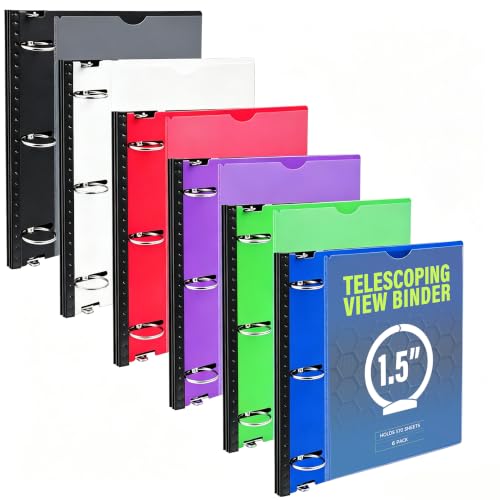 WOT I 1.5 Inch Telescoping 3 Ring Binder 6 Pack, Expandable Flexible Binder with Customizable Front Cover & Clear Catalog Pocket, Holds 370 Sheets, Assorted Colors, School Office Supplies - size: 1.5 Inch, style: 6 Pack