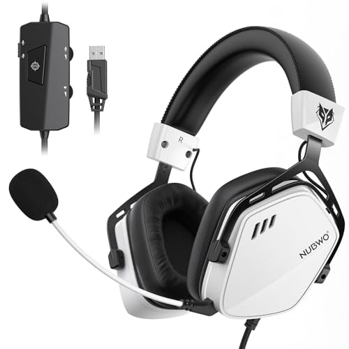 NUBWO HG03 Wired Gaming Headset for PC, FPS-Tuned, Noise-Canceling Mic | USB-A Equipped | One-Click FPS Mode | 50mm Driver | Memory Foam Cushion | For PC Laptop | Gaming & Office Comfort - White - color: White