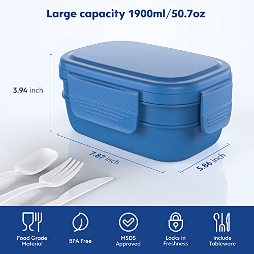 HOMETALL Stackable Bento Box Adult Lunch Box, Large Capacity 1900ml Lunchbox with Utensil Set, Leak-Proof for Dining Out, Work, Picnic, School - color: Dark Blue