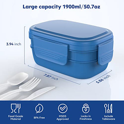HOMETALL Stackable Bento Box Adult Lunch Box, Large Capacity 1900ml Lunchbox with Utensil Set, Leak-Proof for Dining Out, Work, Picnic, School - color: Dark Blue